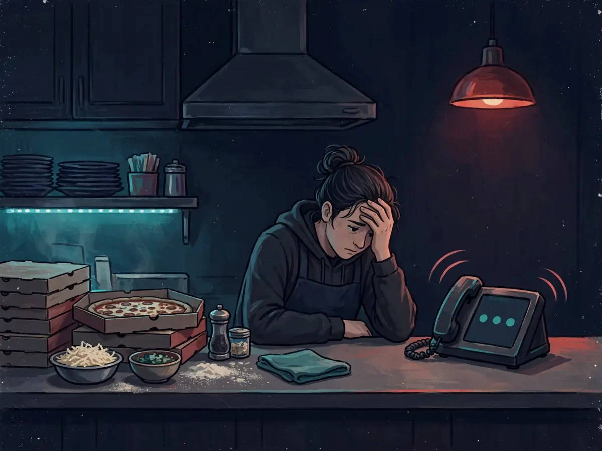 A busy real pizzeria counter with a ringing phone and a stressed worker