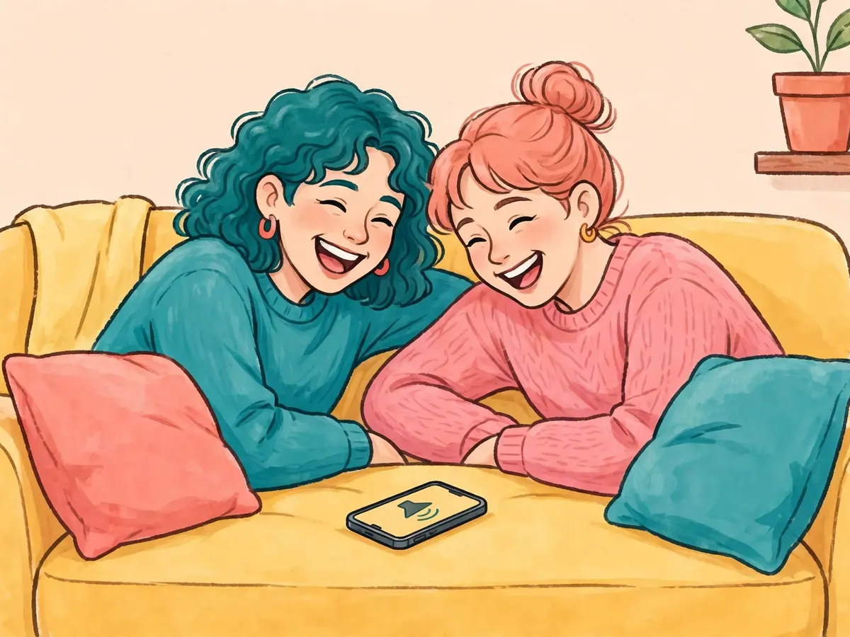 Two friends laughing at a phone on speaker on a sofa