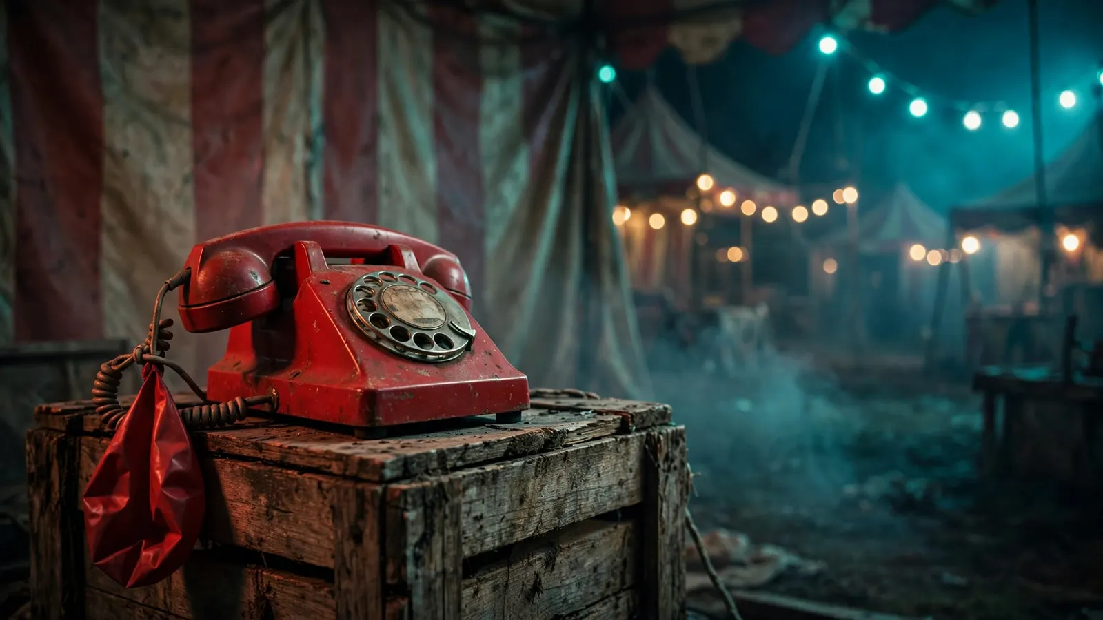 Old red rotary phone at an empty carnival at night, illustrating real clown numbers