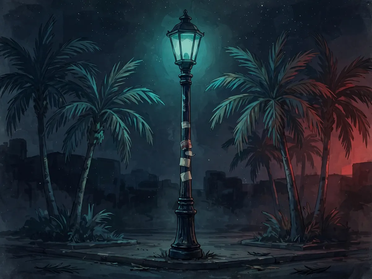 A lamppost with blank stickers at night, palm trees