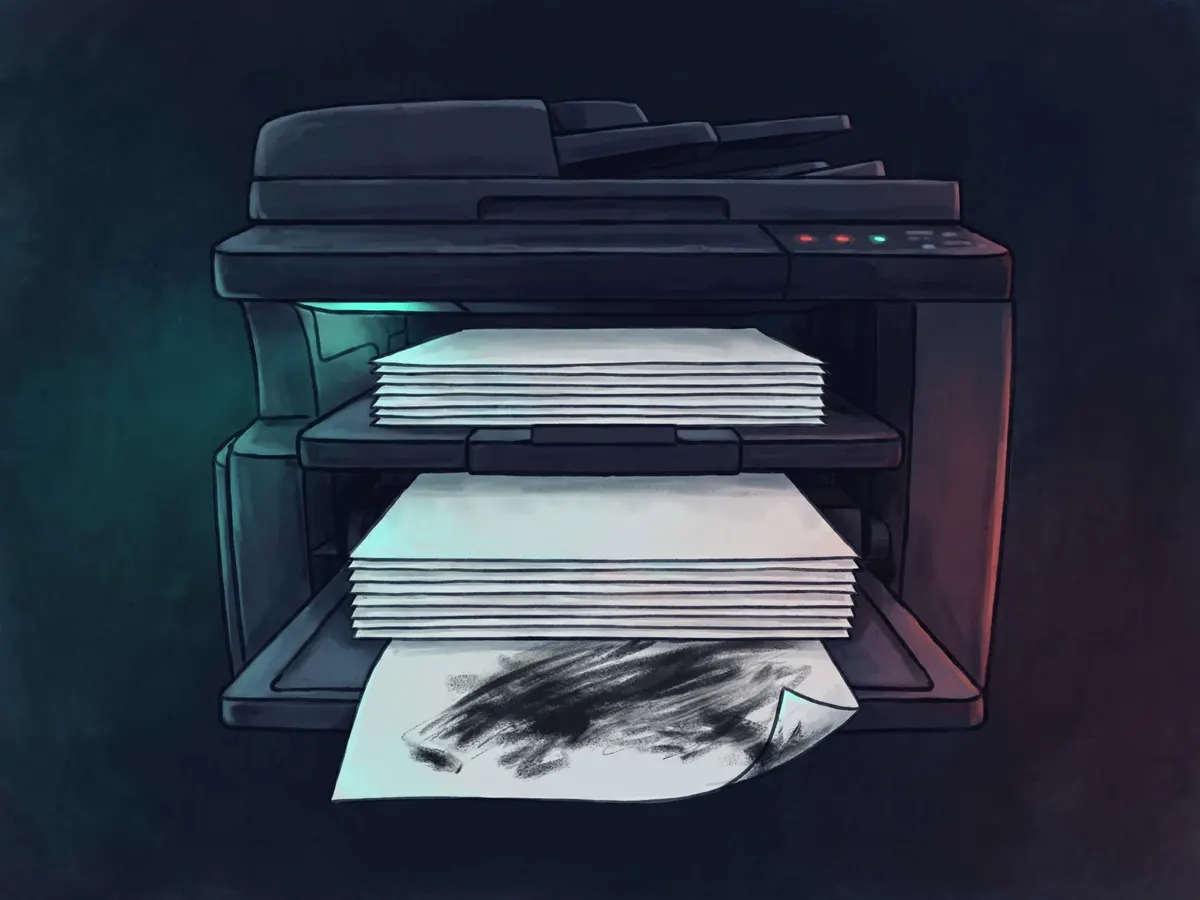A stack of identical paper lists being photocopied, one sheet smudged