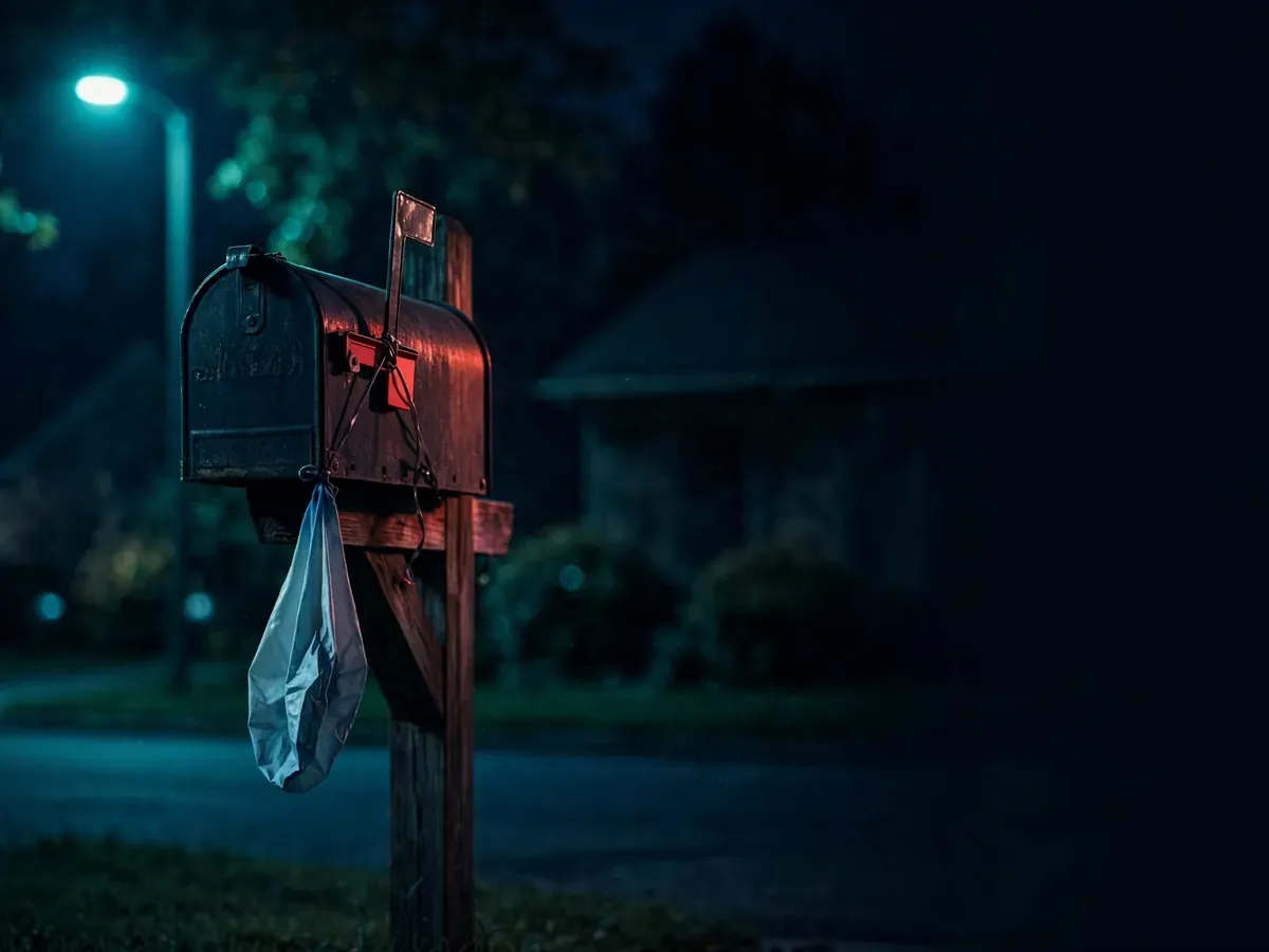 Deflating party balloon tied to a mailbox under a streetlight at night