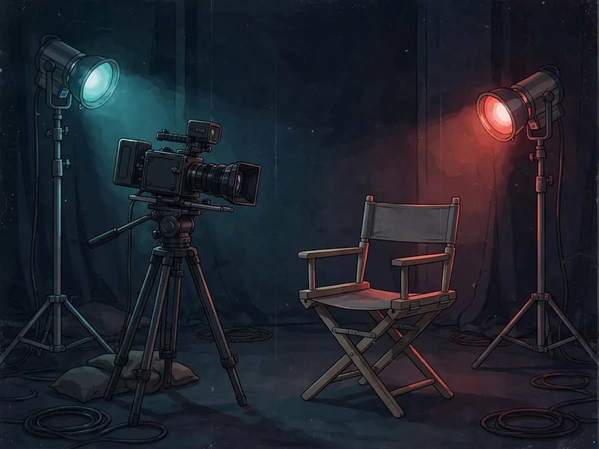 A film camera on a tripod pointed at an empty chair, studio lights, behind-the-scenes feel