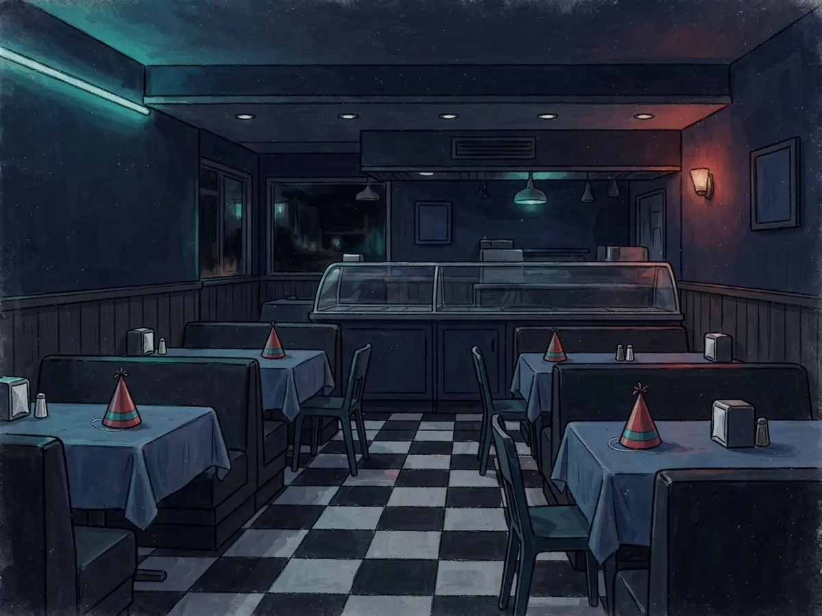 An empty 1980s pizzeria dining room with party hats on tables