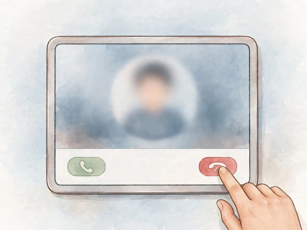 A tablet showing a generic video-call screen with blurred caller, a finger on decline
