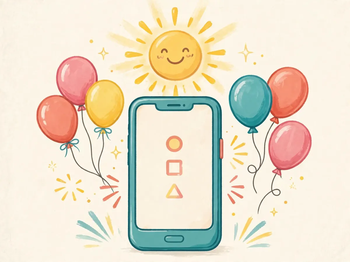 A phone surrounded by sunshine, balloons and a smiling sun shape