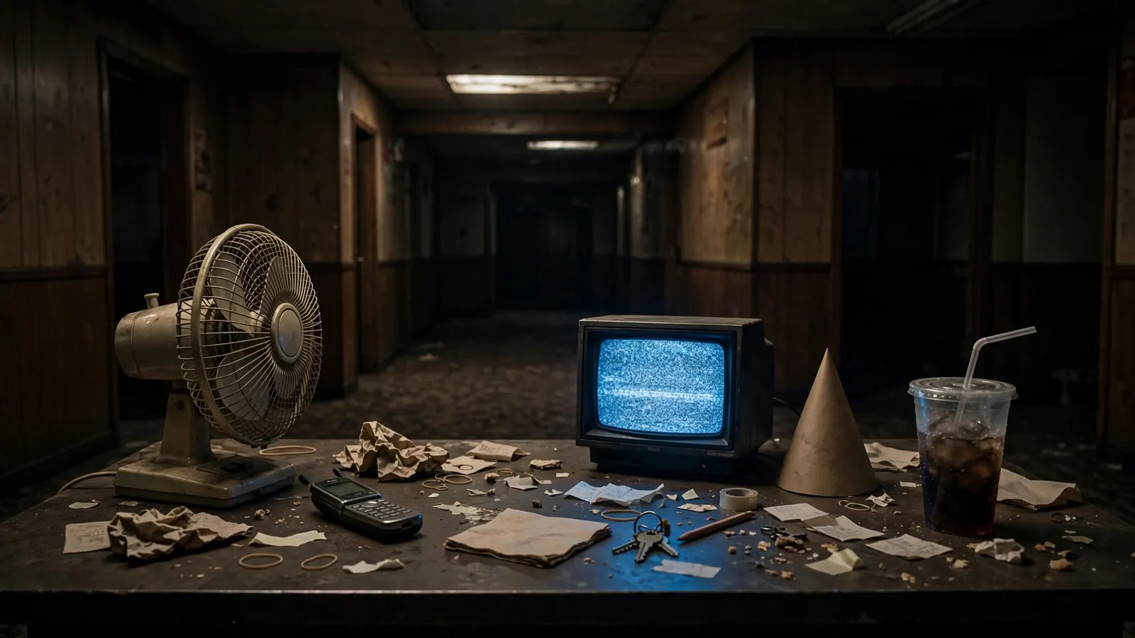 Night guard's desk with a flip phone and security monitor, a visual for the FNAF phone number