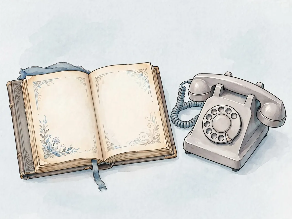 An old storybook open beside a vintage phone
