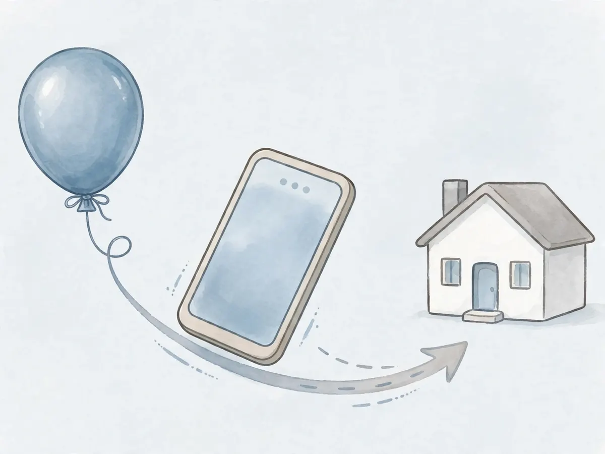 A phone moving along a curved arrow from a party balloon to a house