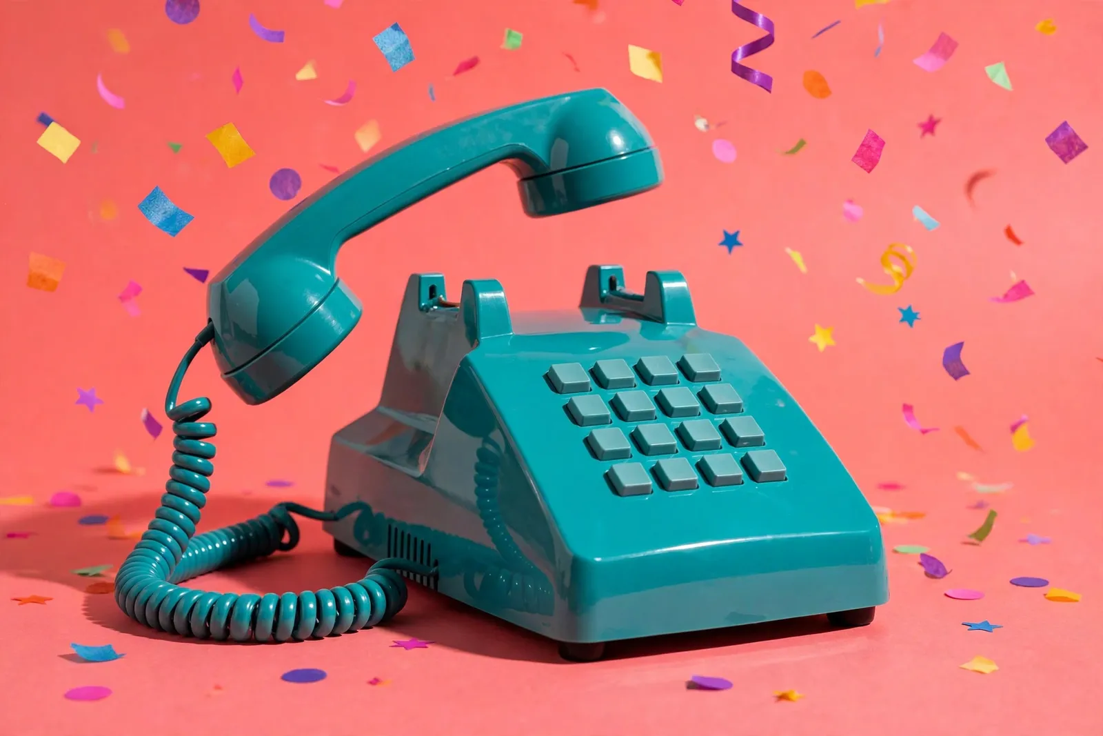 Teal retro telephone off the hook on a coral background with confetti, illustrating funny phone numbers to call