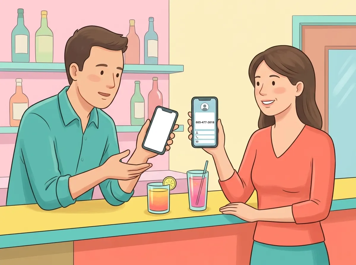 At a bright bar, a woman smiles and shows a man her phone reading 605-477-3018 as she turns toward the door