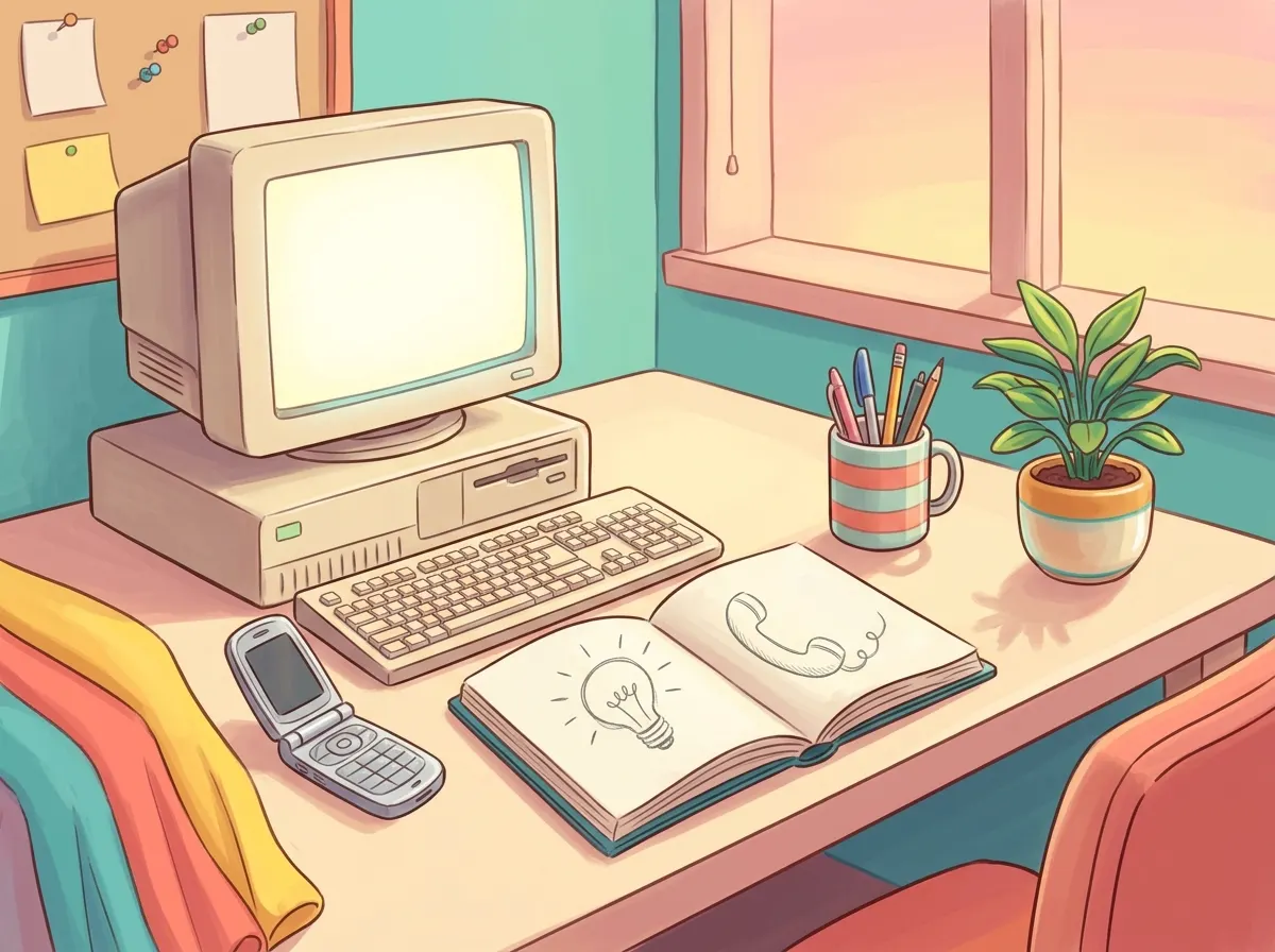 A retro desk with a flip phone, a beige computer and a notebook doodle of a lightbulb beside a telephone