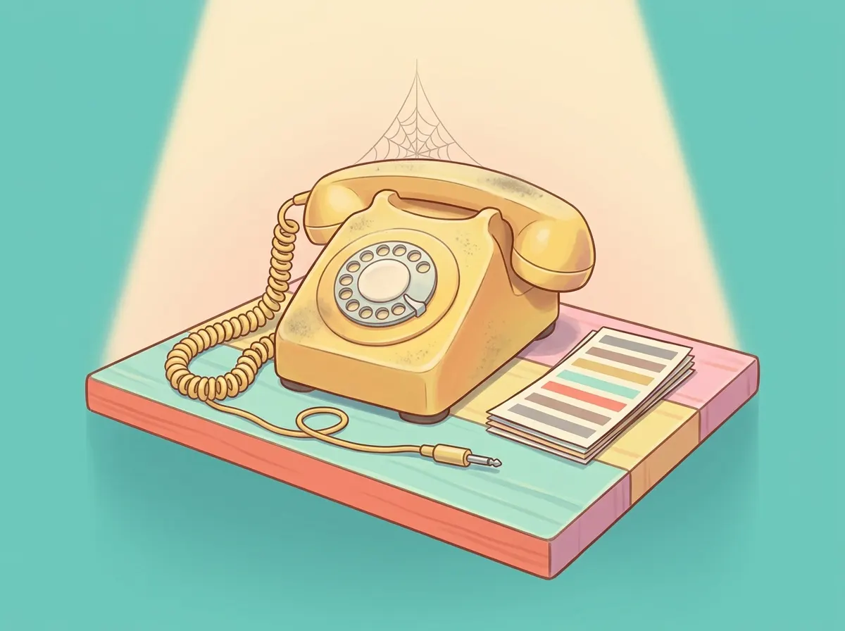 A dusty yellow retro phone with its cord unplugged, beside a stack of old printed lists on a shelf