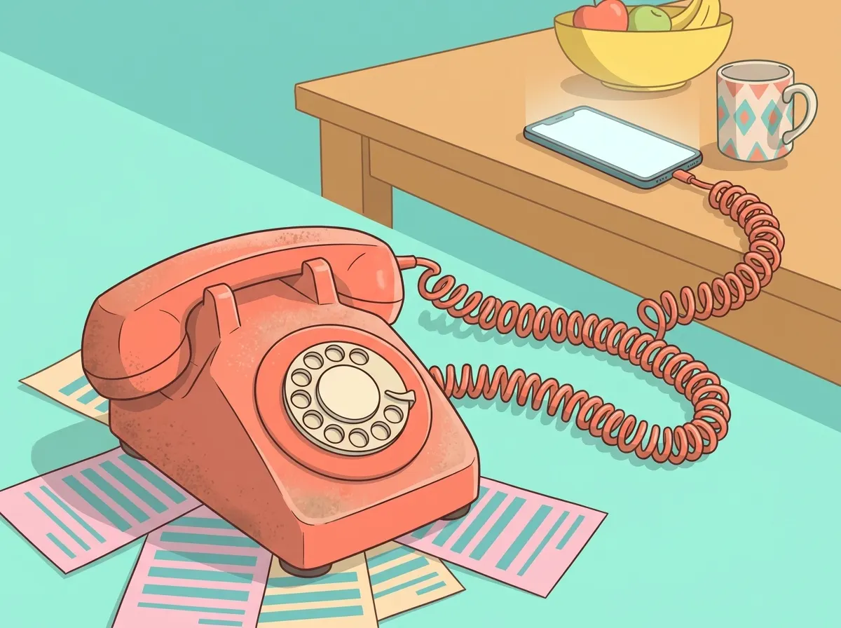 An old coral rotary phone on faded lists, its long cord running to a smartphone on a stranger's kitchen table