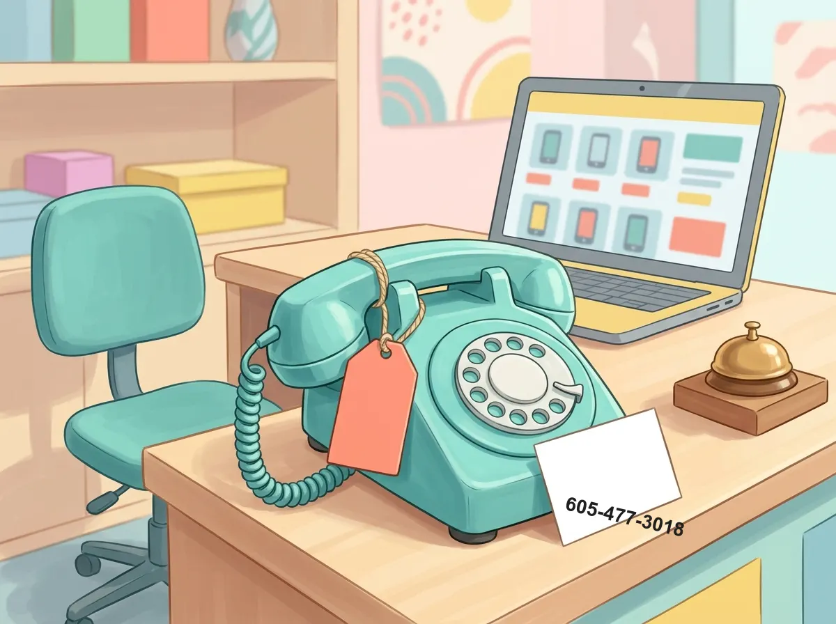 A teal retro phone on a shop counter with a card reading 605-477-3018, an online shop on a laptop behind it