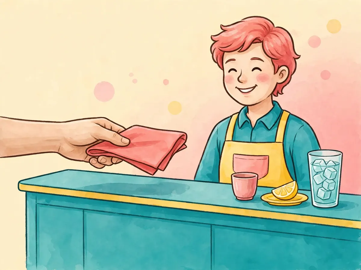 A hand passing a napkin across a bar counter, friendly smile
