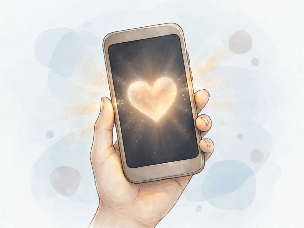 A phone with a soft heart shape glowing, warm light