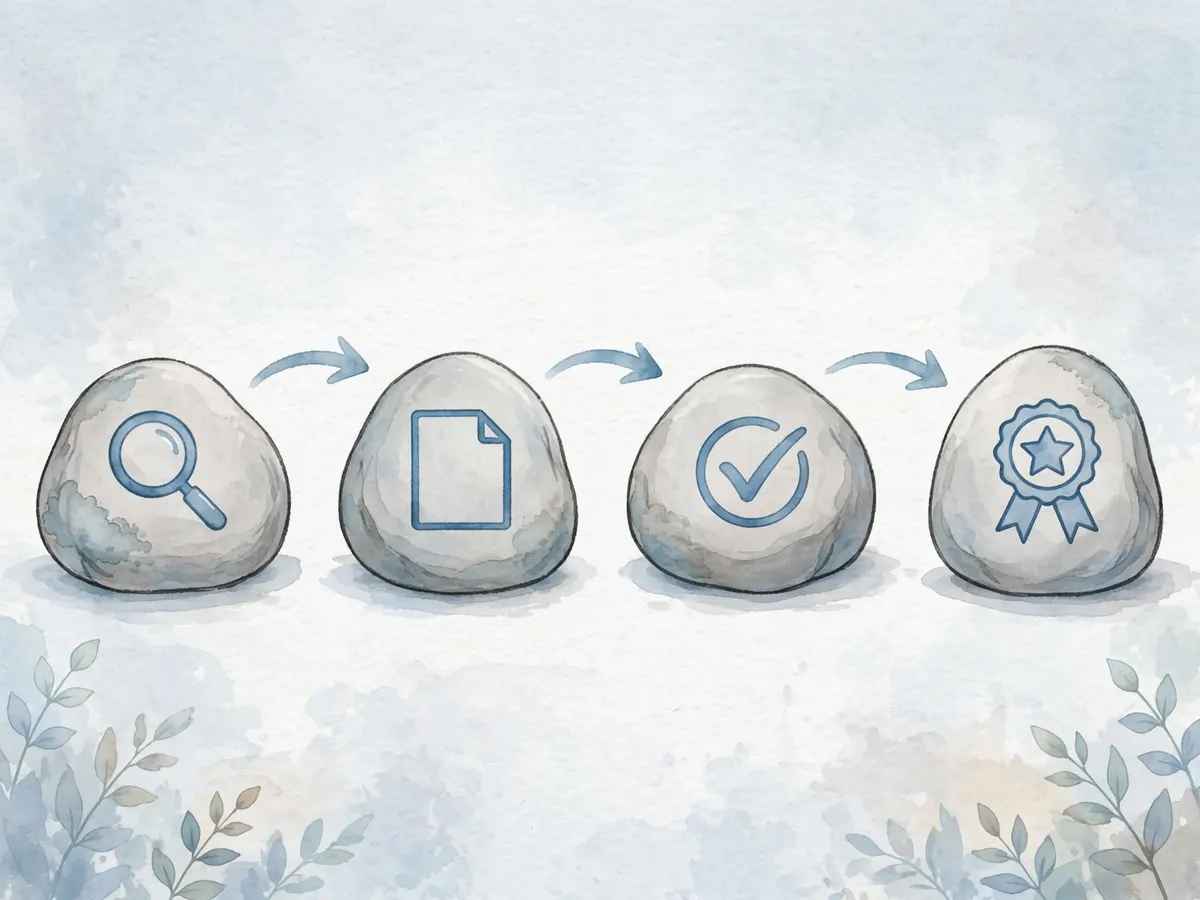 Four stepping stones with a magnifier, a document, a checkmark and a badge