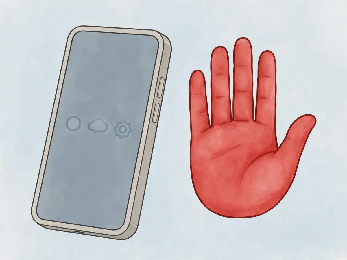 A phone with a large red stop-hand shape beside it