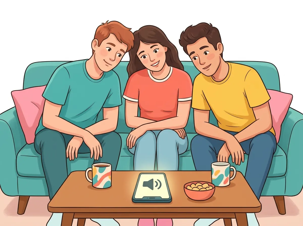 Three friends on a sofa leaning in to listen to a phone on speaker
