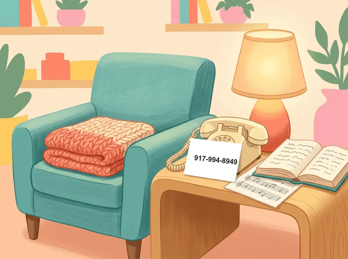 A phone on a side table beside a poem book and sheet music with a card reading 917-994-8949