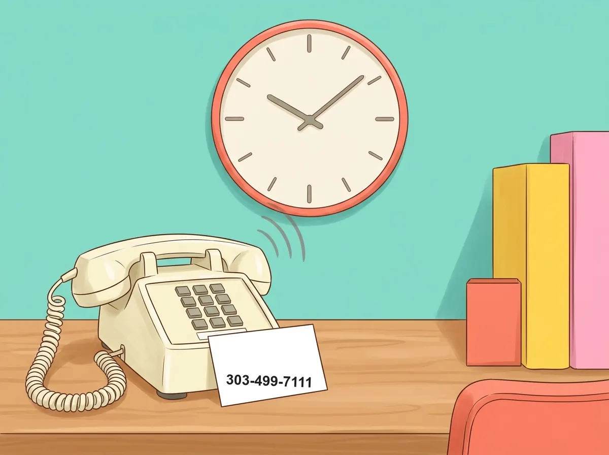 A desk phone under a wall clock with a card reading 303-499-7111, a phone number that speaks the time