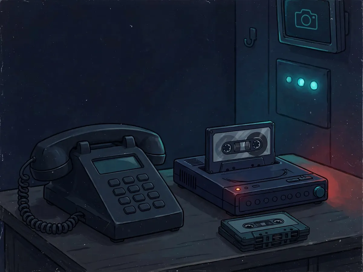 A desk phone with a cassette recorder in a security office