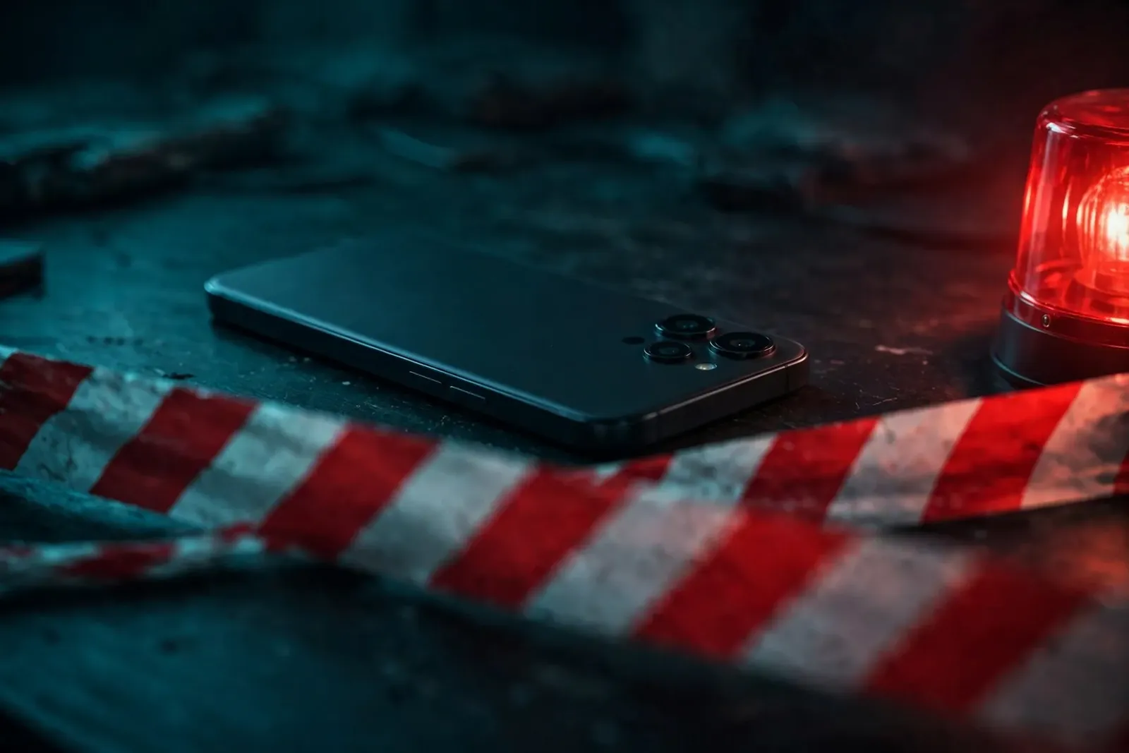 Smartphone behind a caution barrier in red warning light, a visual for phone numbers you should never call