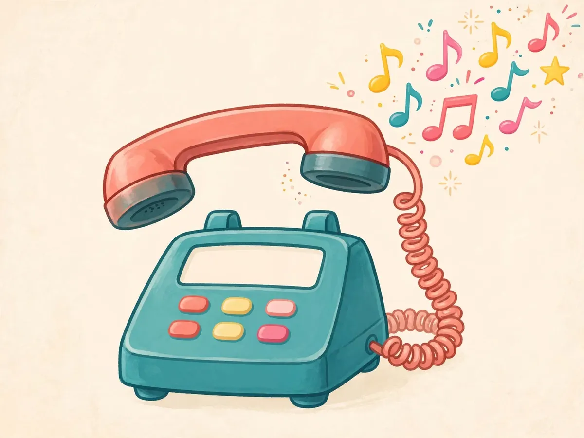 A retro phone with colourful music notes floating out of the handset