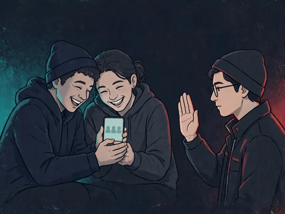Two friends laughing at a phone, a third raising a hand in a "stop" gesture