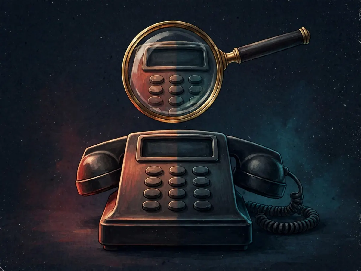 A magnifying glass over a vintage phone, half of the phone lit warm, half in cold shadow