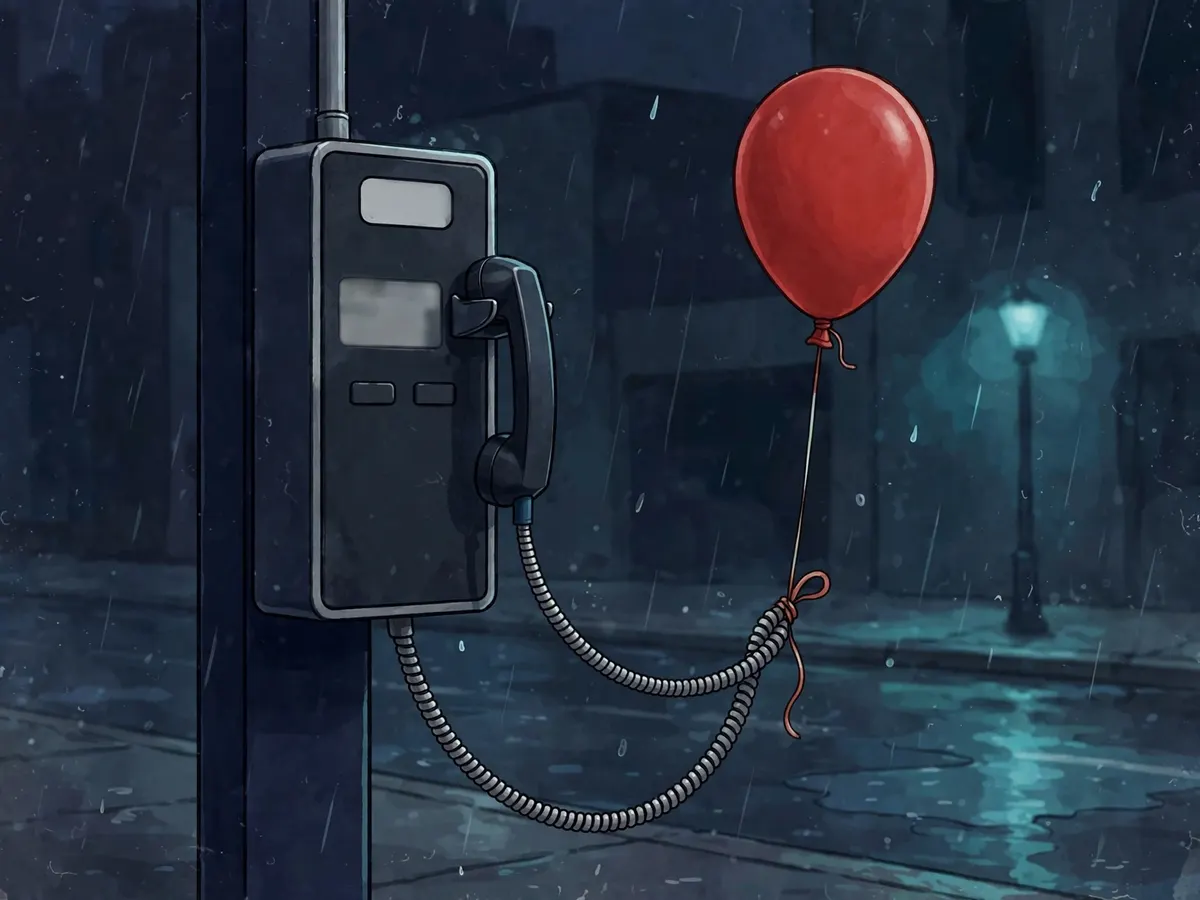 A red balloon tied to a payphone cord on a rainy street