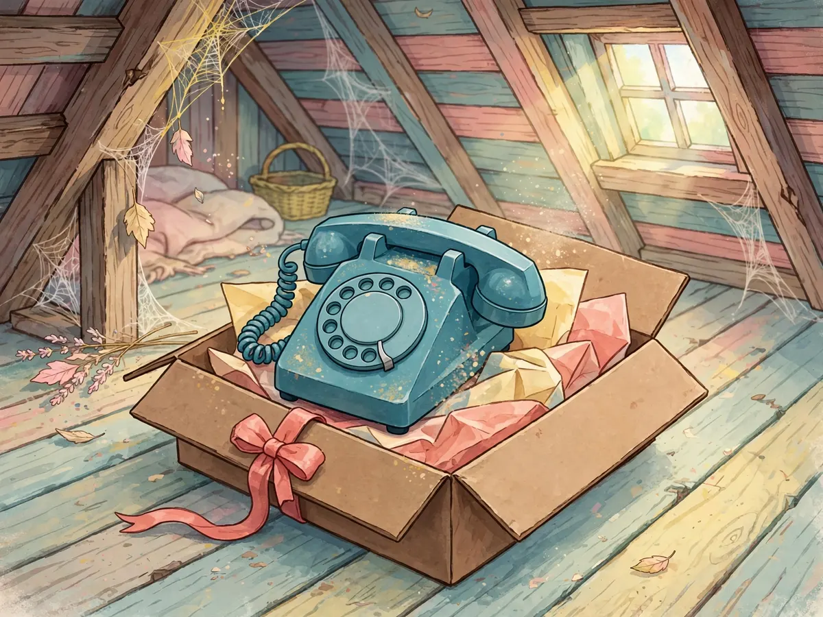 A dusty retro phone in a box marked only with a ribbon, in an attic