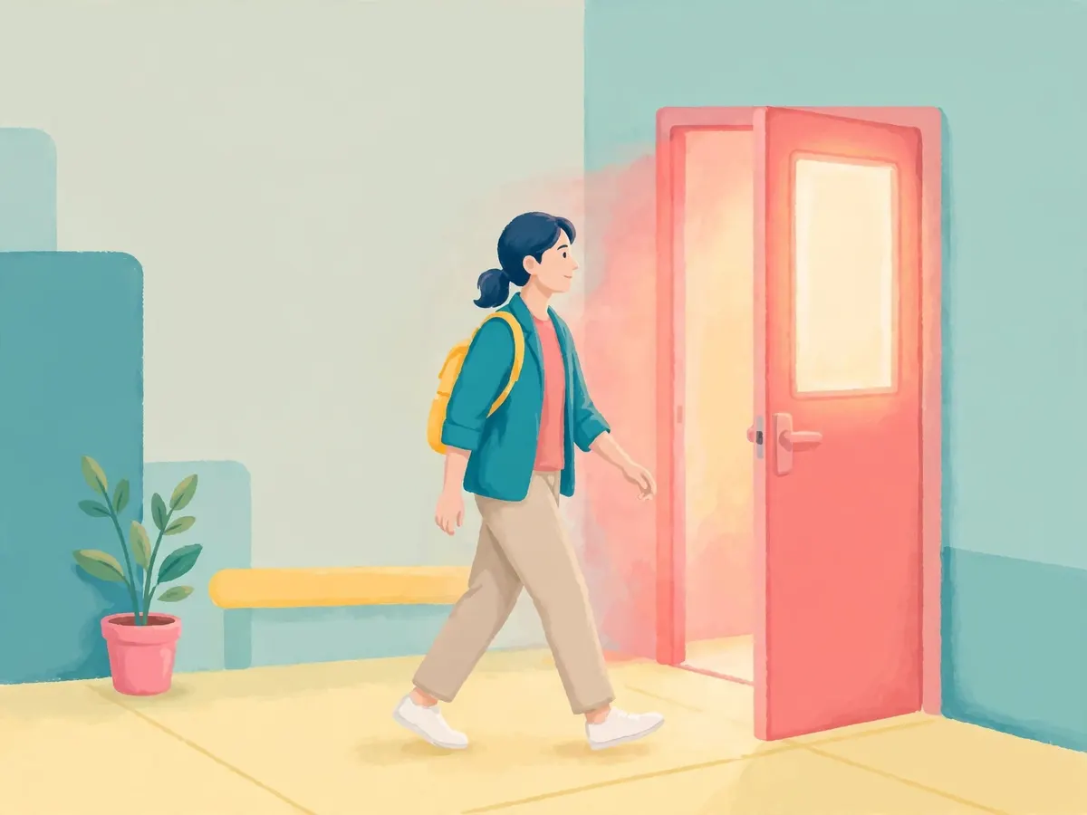 A person walking calmly toward a lit exit door