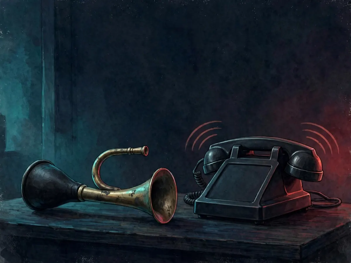 A bicycle horn beside a ringing phone in a dark room