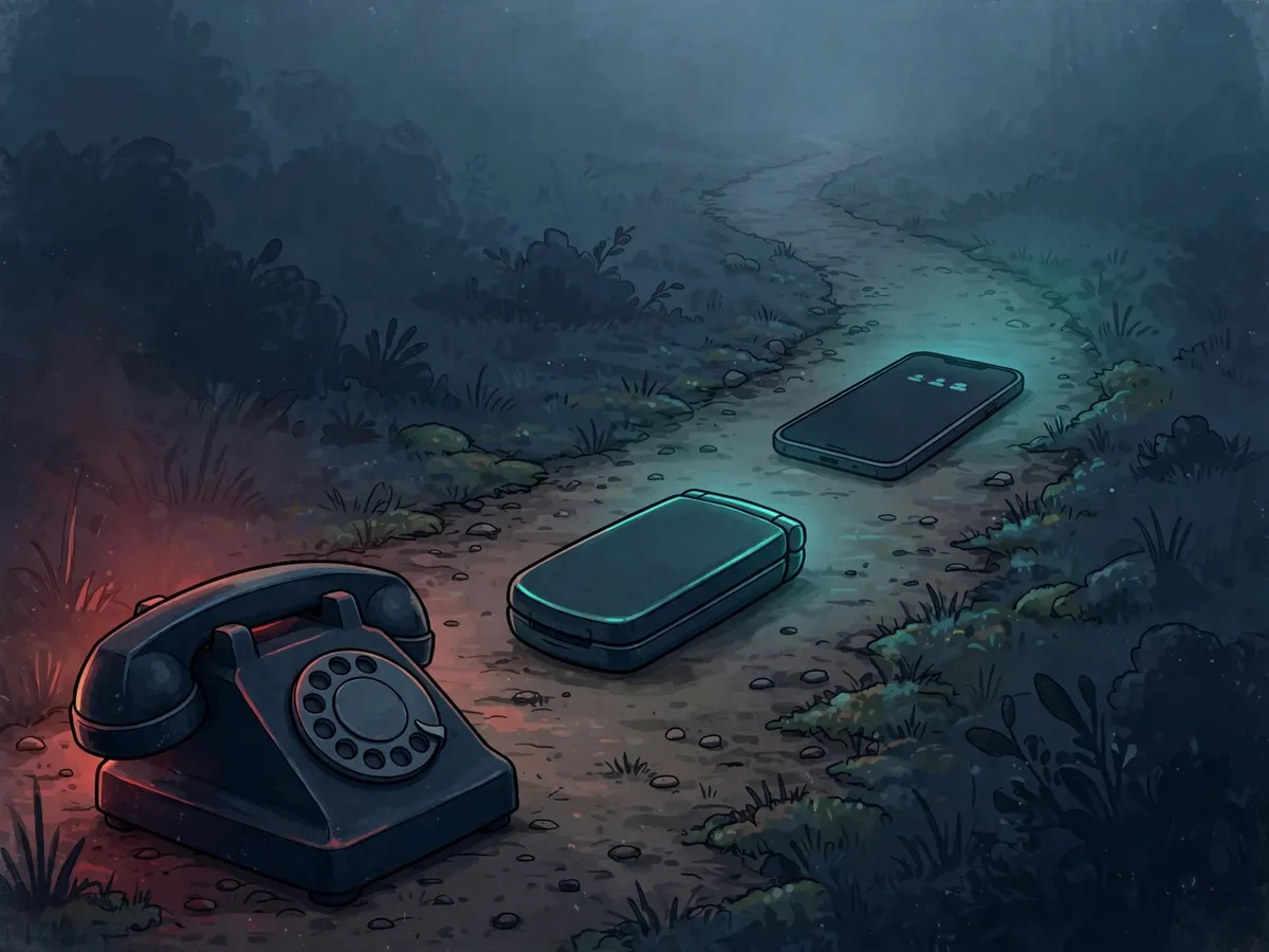 Three different phones (rotary, flip, smartphone) on a path leading into fog