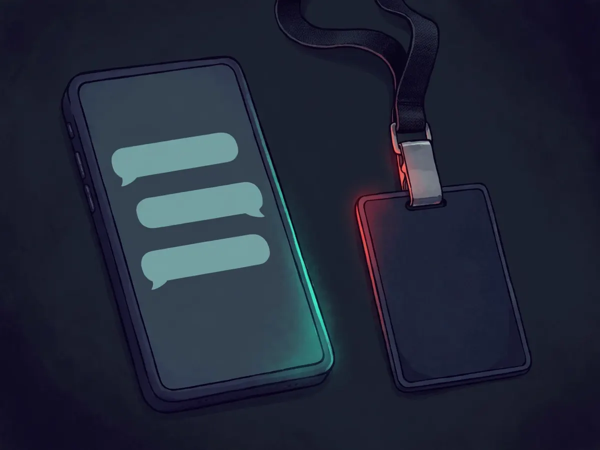 A phone showing a blank message thread next to a security badge clip