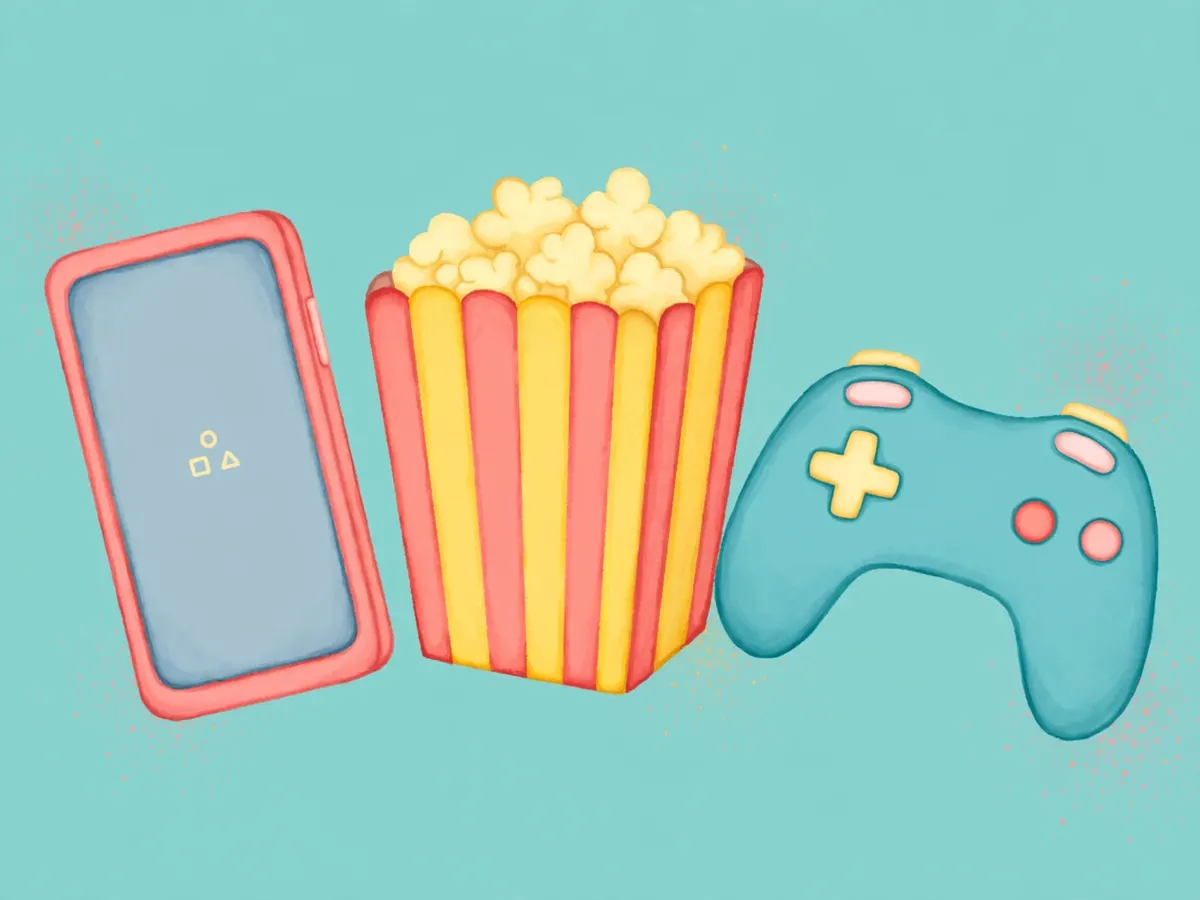 A phone next to a popcorn bucket and a game controller