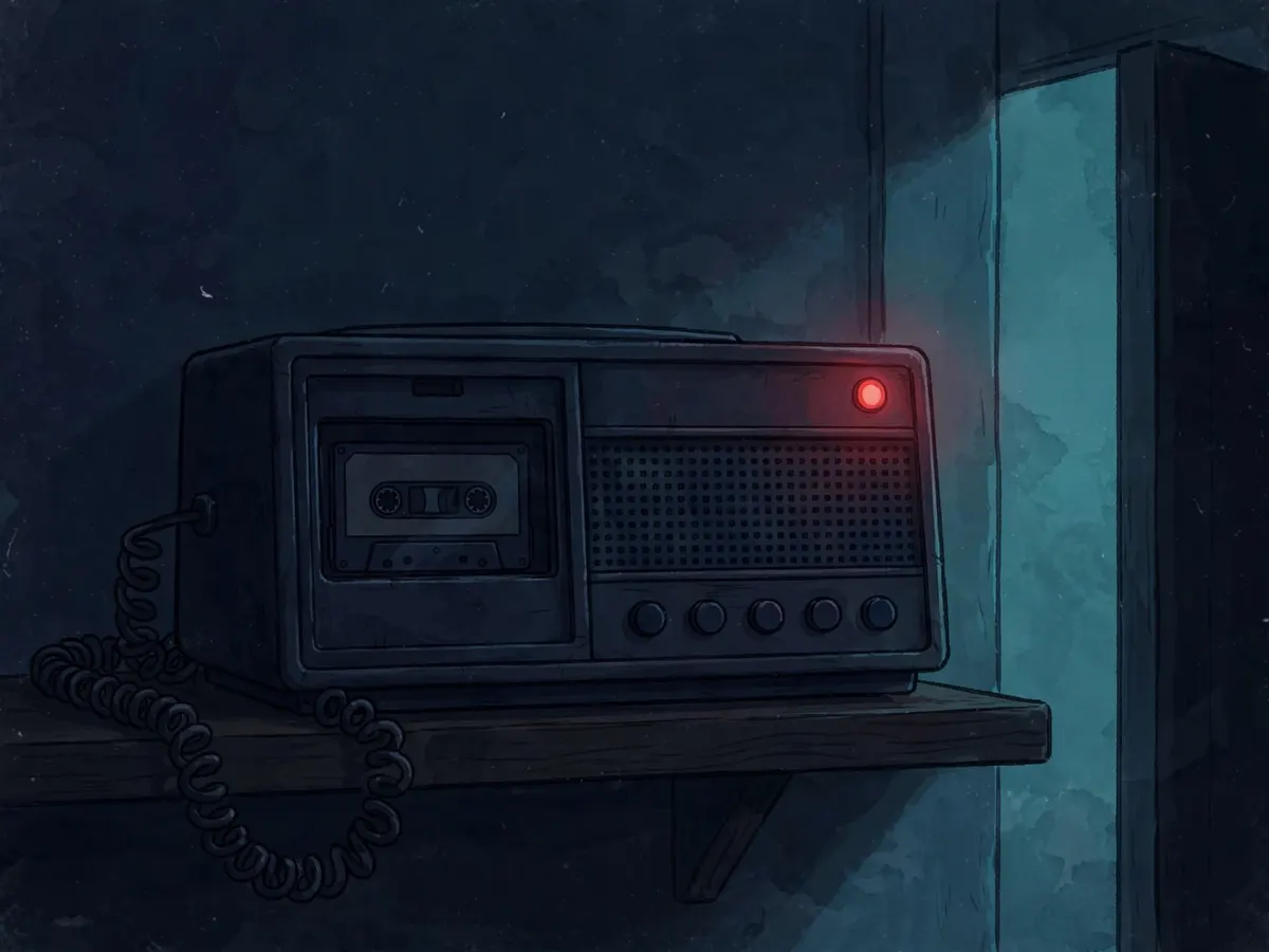 An answering machine with a blinking light in a dim room