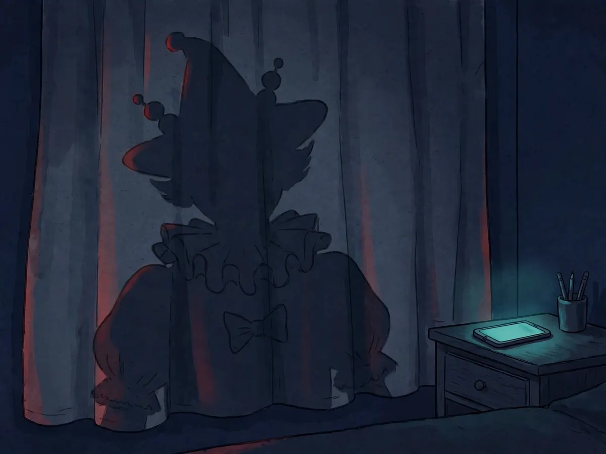 A clown's shadow cast on a child's bedroom curtain, a phone glowing on a nightstand
