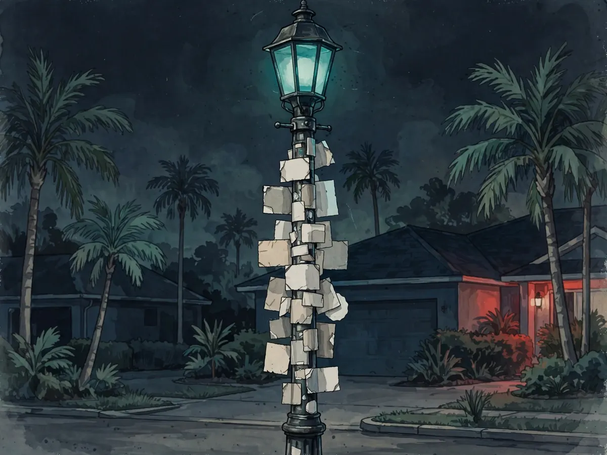 A street lamppost covered in blank stickers at night in a Florida-style suburb with palm trees