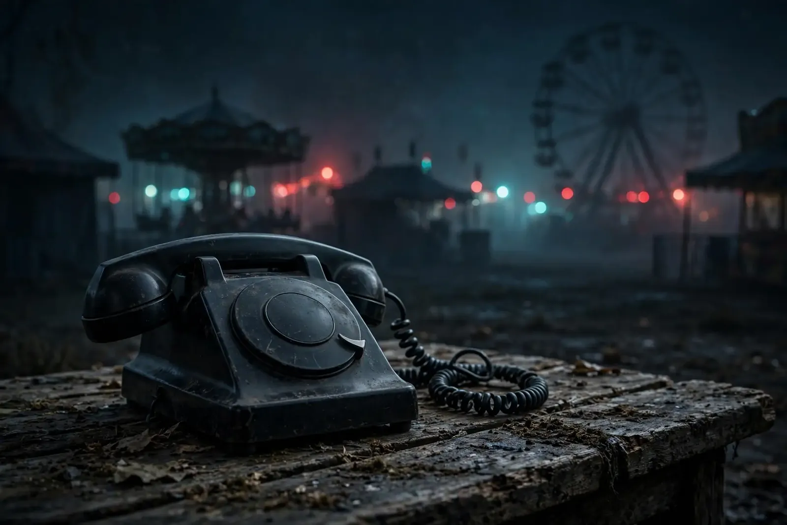 Old black telephone on a weathered table at a deserted carnival at night, illustrating the Wrinkles the Clown legend