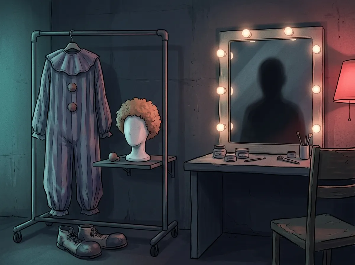 A clown costume and wig on a backstage rack, with a mirror showing only a shadowed figure whose face is hidden