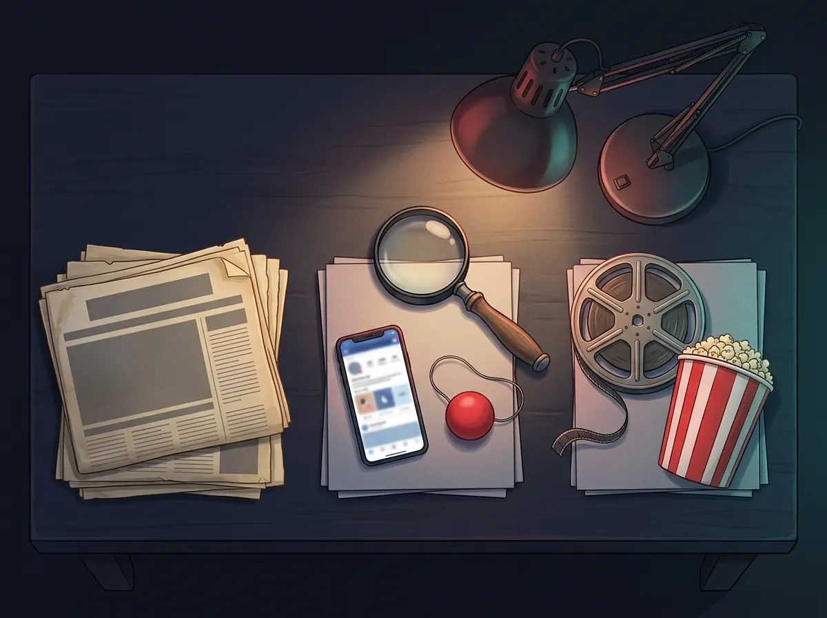 Old newspapers, a phone with a clown nose and a film reel in three piles on a table, a magnifying glass between them